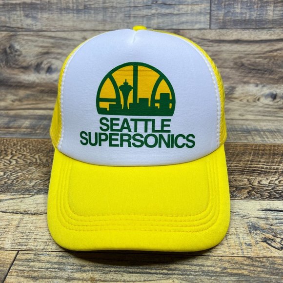 Seattle Supersonics Mens Trucker Hat Yellow Snapback 1975 Logo Basketball Cap - Picture 2 of 8